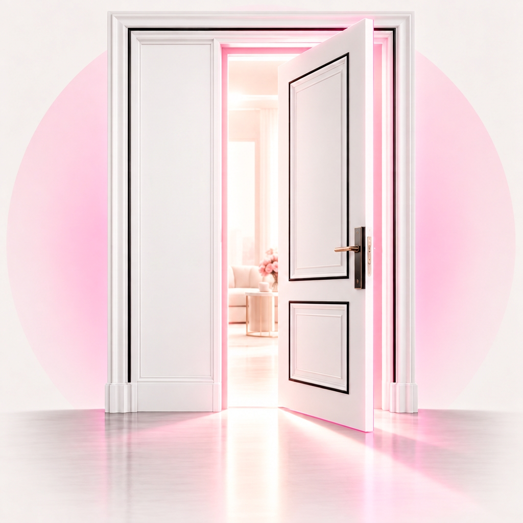 An open white door with hot-pink glowing edges, warm light spilling through — the entrance to The VIP Lounge